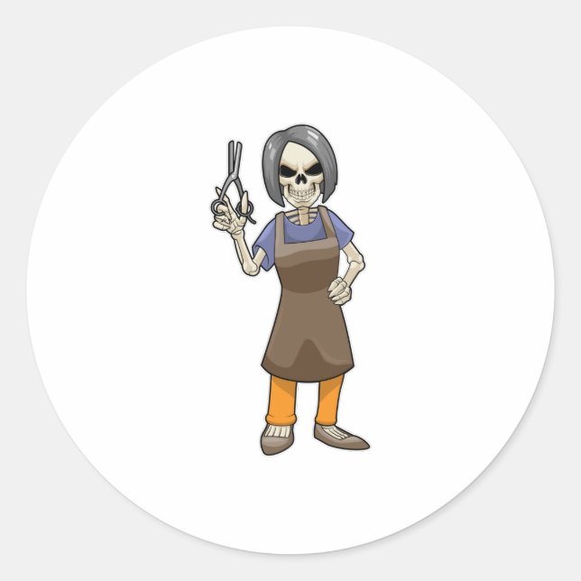 Skeleton as Hairdresser with Scissors Classic Round Sticker (Front)