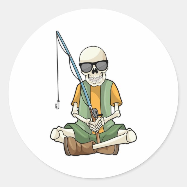 Skeleton at Fishing with Fishing rod Classic Round Sticker (Front)