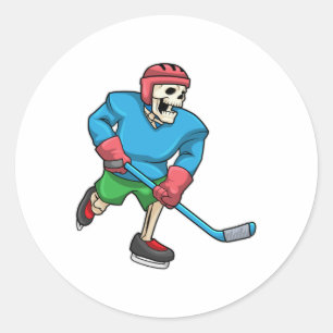 Skeleton at Ice hockey with Ice hockey stick Classic Round Sticker