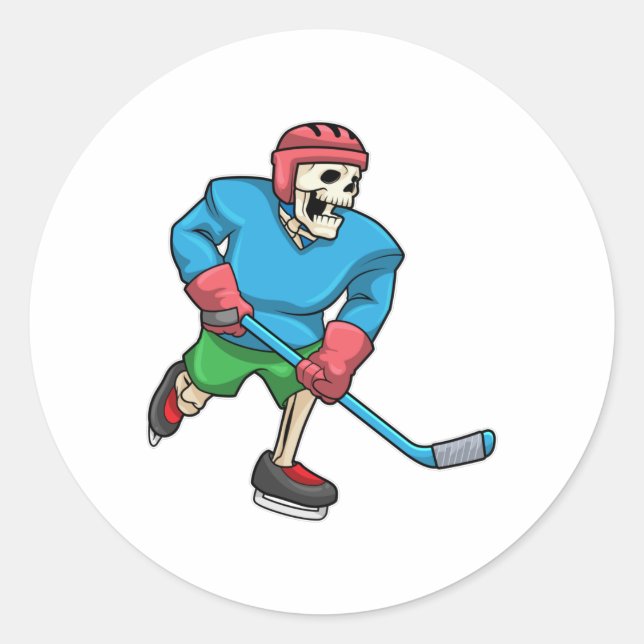Skeleton at Ice hockey with Ice hockey stick Classic Round Sticker (Front)
