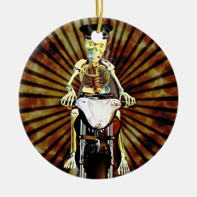 Skeleton biker smoking a cigarette ceramic tree decoration (Front)