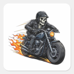 Skeleton Biker Sticker - Flaming Motorcycle Skull