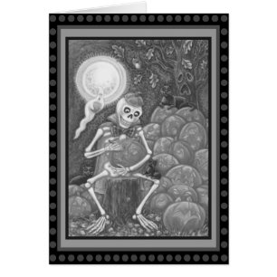 SKELETON, BLACK CATS CARVING PUMPKIN GREETING CARD