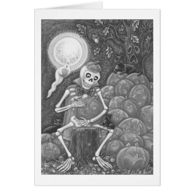 SKELETON, BLACK CATS CARVING PUMPKIN GREETING CARD (Front)