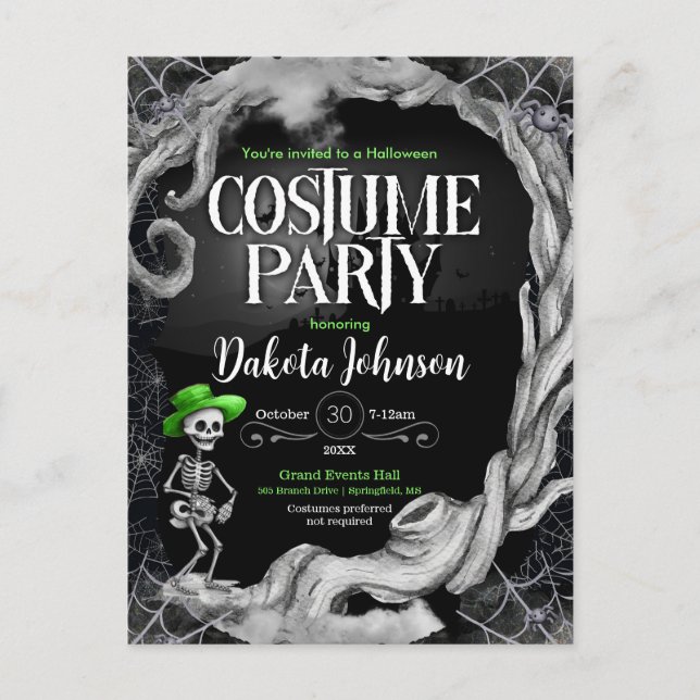 Skeleton Black Halloween Costume Party Invitation  Postcard (Front)