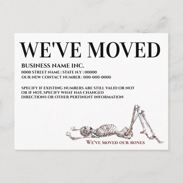 skeleton bones chiropractor moved business home announcement postcard (Front)