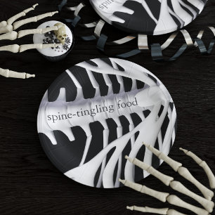 Skeleton Bones Spine Black White Halloween Party Paper Plate