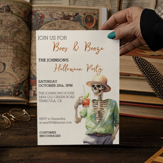 Skeleton Boos Booze Halloween Party Watercolor Invitation (Creator Uploaded)