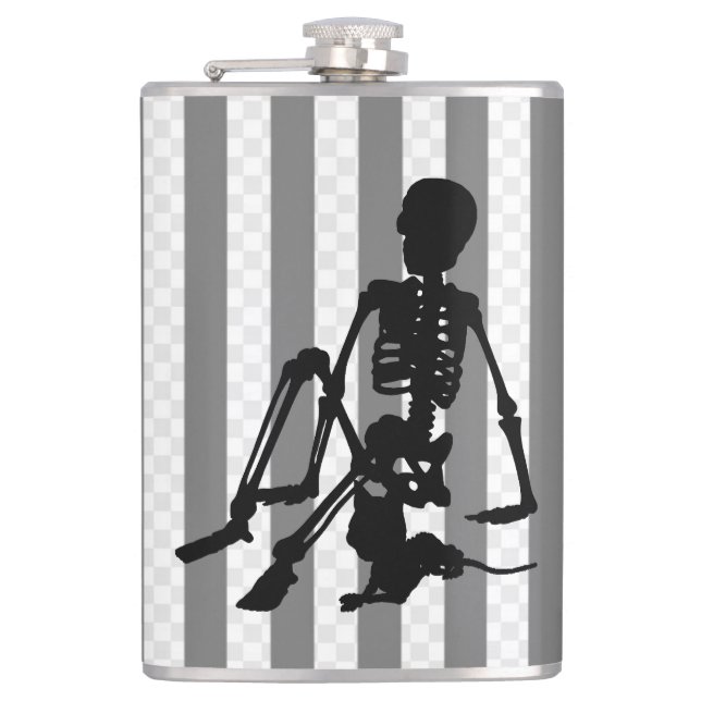 skeleton Boy and his pet cat silhouette art Hip Flask (Front)