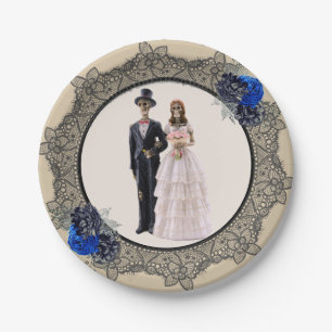 Skeleton Bride and Groom Black Lace Blue Roses Paper Plate