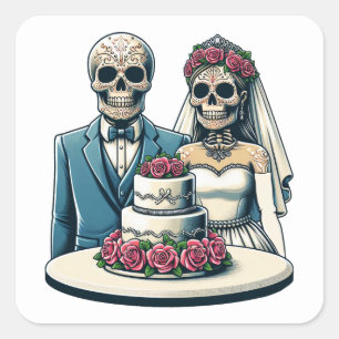 Skeleton Bride And Groom Wedding day of dead Art Square Sticker