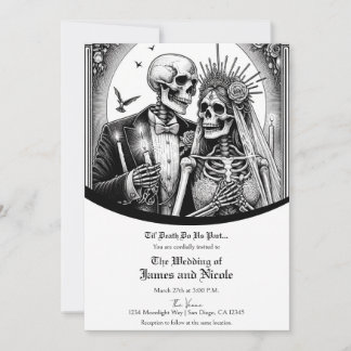 Skeleton Bride & Groom Black White Vintage Wedding Invitation