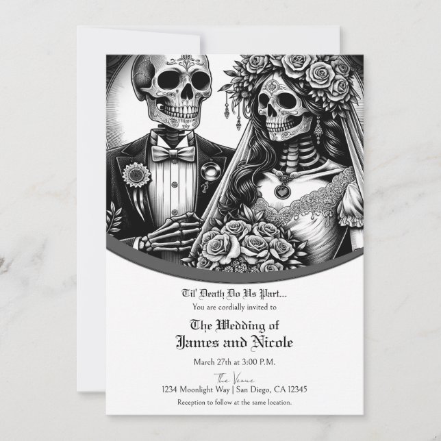 Skeleton Bride & Groom Black White Wedding Invitation (Front)
