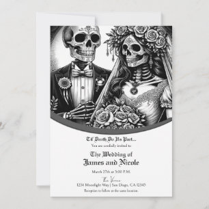 Skeleton Bride & Groom Black White Wedding Invitation