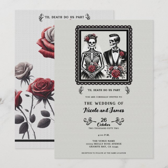 Skeleton Bride & Groom Couple Grey Floral Wedding  Invitation (Front/Back)
