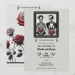 Skeleton Bride & Groom Couple Grey Floral Wedding  Invitation