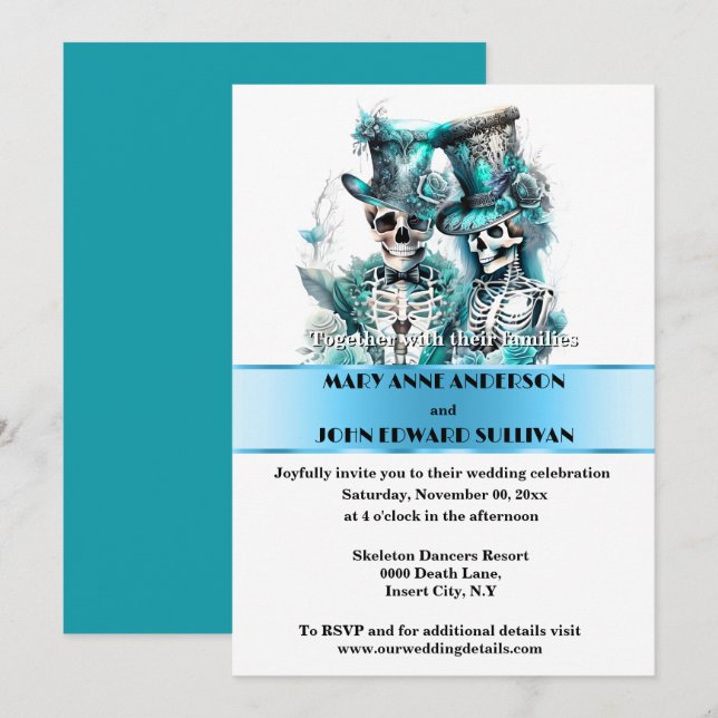 Skeleton bride groom formal blue white wedding invitation (Front/Back)