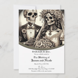 Skeleton Bride & Groom White Tan Wedding Invitation