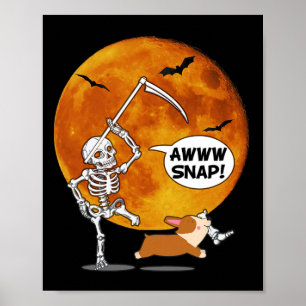 Skeleton Broken Leg Halloween Corgi Reaper Scythe Poster