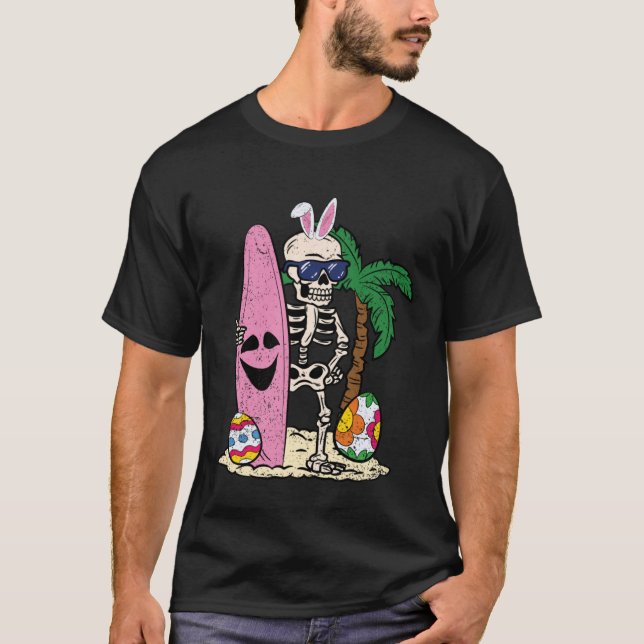 Skeleton Bunny Ears Surfer Easter Egg Hunting Surf T-Shirt (Front)