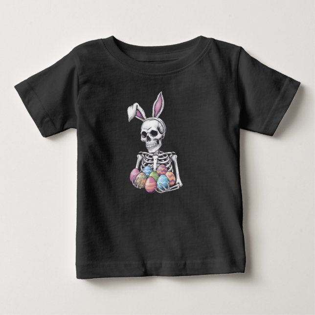 Skeleton Bunny Holding Easter Eggs Funny Rabbit Baby T-Shirt (Front)