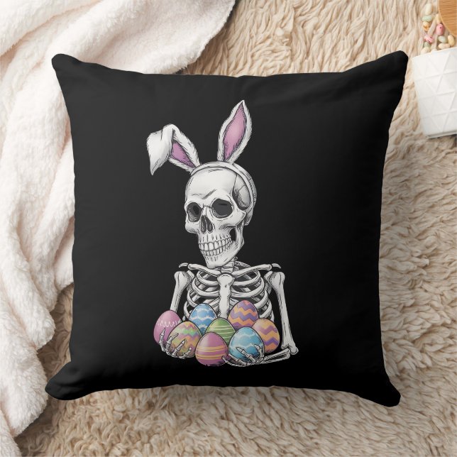 Skeleton Bunny Holding Easter Eggs Funny Rabbit Cushion (Blanket)