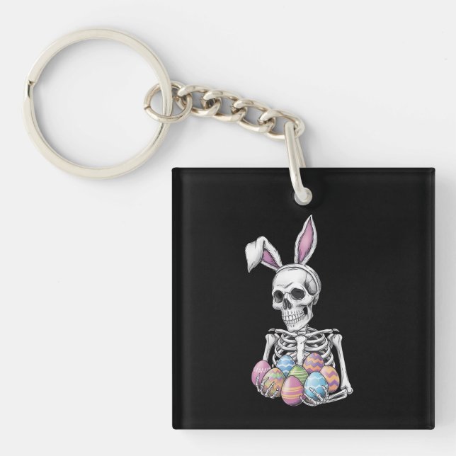 Skeleton Bunny Holding Easter Eggs Funny Rabbit Key Ring (Front)