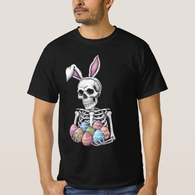 Skeleton Bunny Holding Easter Eggs Funny Rabbit T-Shirt (Front)