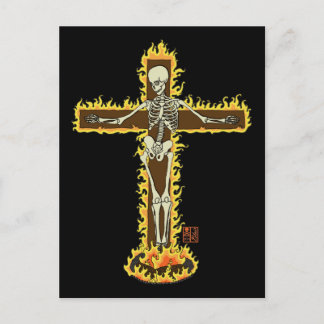 Skeleton Burning on Cross Goth Halloween Tattoo Postcard