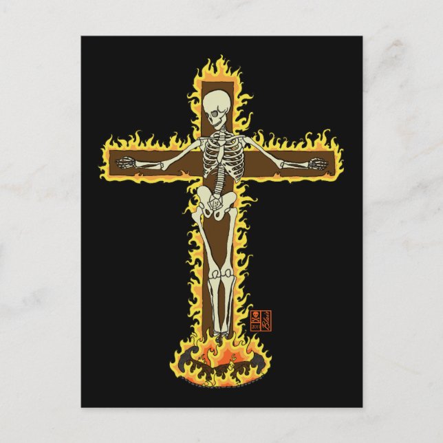 Skeleton Burning on Cross Goth Halloween Tattoo Postcard (Front)