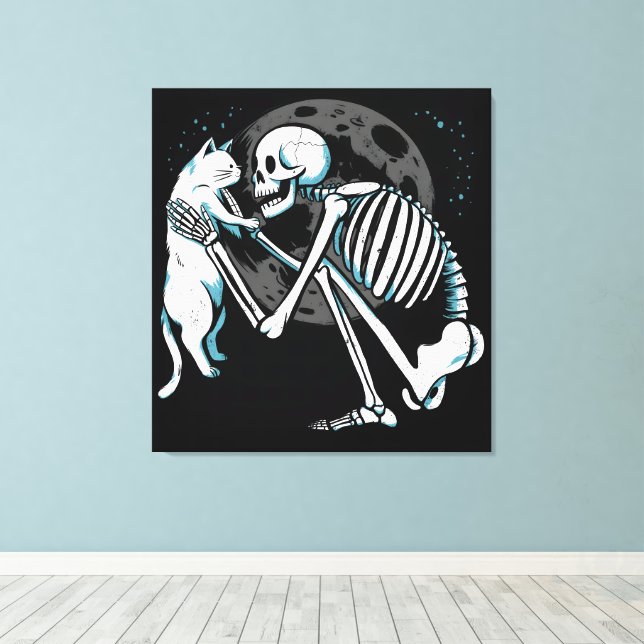 Skeleton Cat Friend Moon Night Art Canvas Print (Insitu(Wood Floor))