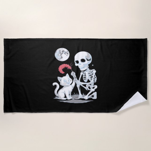 Skeleton Cat Halloween Funny Cute Spooky Essential Beach Towel (Front)