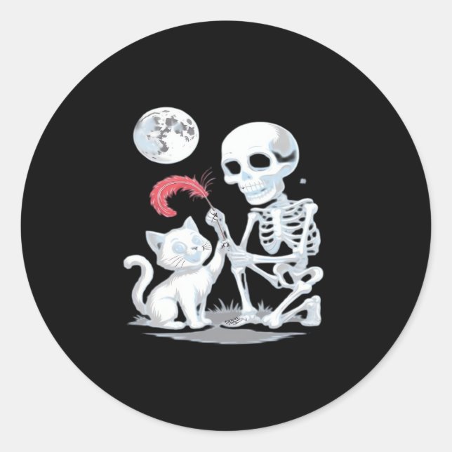 Skeleton Cat Halloween Funny Cute Spooky Essential Classic Round Sticker (Front)