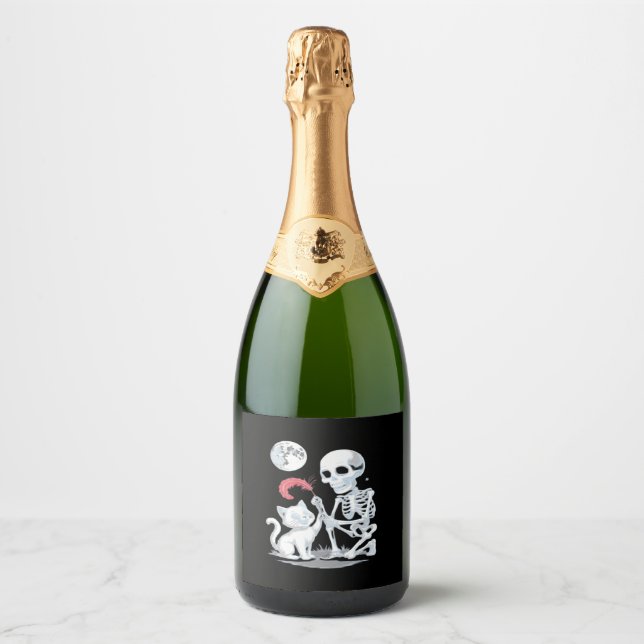 Skeleton Cat Halloween Funny Cute Spooky Essential Sparkling Wine Label (Front)