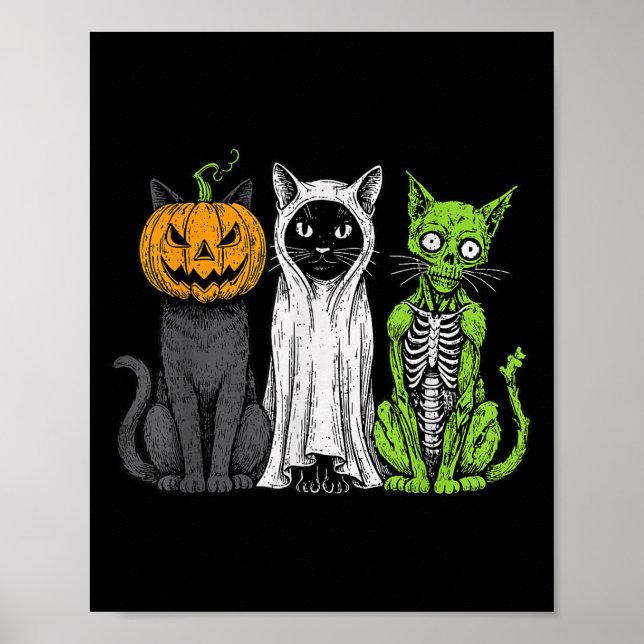Skeleton Cat Pumpkin Ghost Halloween Kitty Meow Gi Poster (Front)
