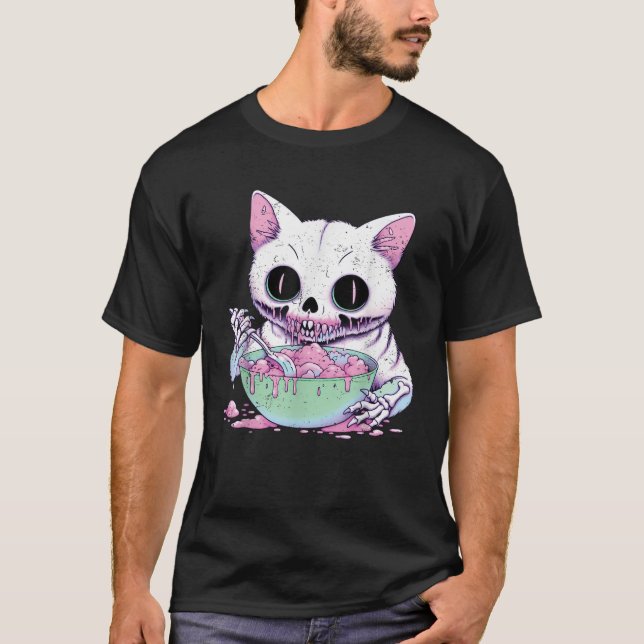 Skeleton Cat Ramen Pastel Goth Anime Kawaii Gothic T-Shirt (Front)