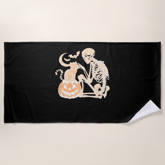 Skeleton Cat Skull kitty Cute Halloween Design Cla Beach Towel (Front)
