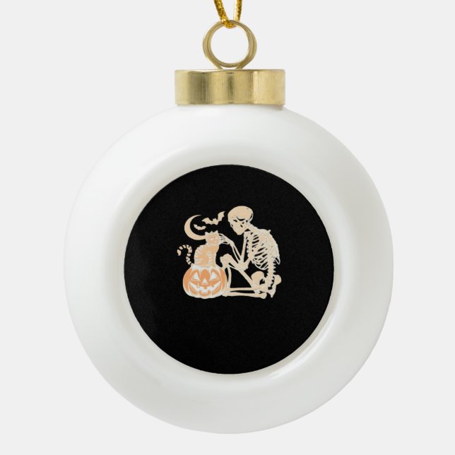 Skeleton Cat Skull kitty Cute Halloween Design Cla Ceramic Ball Christmas Ornament (Front)