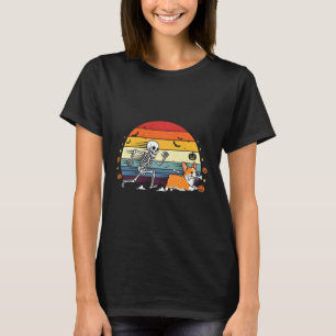 Skeleton Chasing Corgi Funny Halloween T-Shirt
