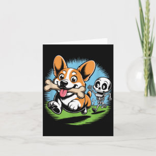 Skeleton Chasing Corgi Halloween Dog Lover Card