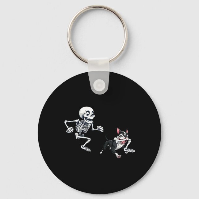 Skeleton Chasing Dog Boston Terrier Halloween Pet Key Ring (Front)