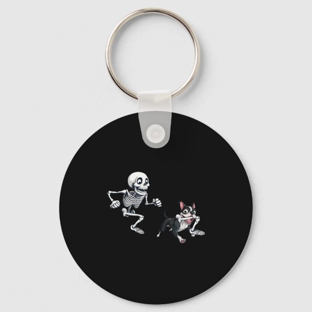 Skeleton Chasing Dog Boston Terrier Halloween Pet  Key Ring (Front)