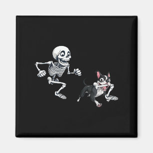 Skeleton Chasing Dog Boston Terrier Halloween Pet  Magnet
