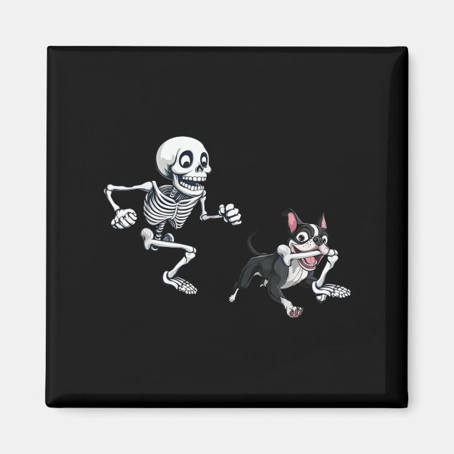 Skeleton Chasing Dog Boston Terrier Halloween Pet  Magnet (Front)