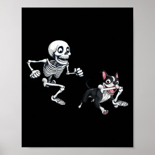 Skeleton Chasing Dog Boston Terrier Halloween Pet Poster