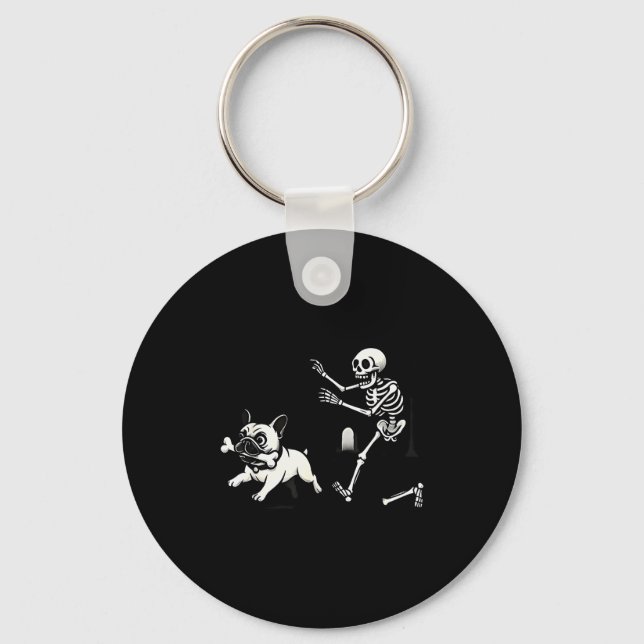 Skeleton Chasing French Bulldog Biting Leg Bone Ha Key Ring (Front)