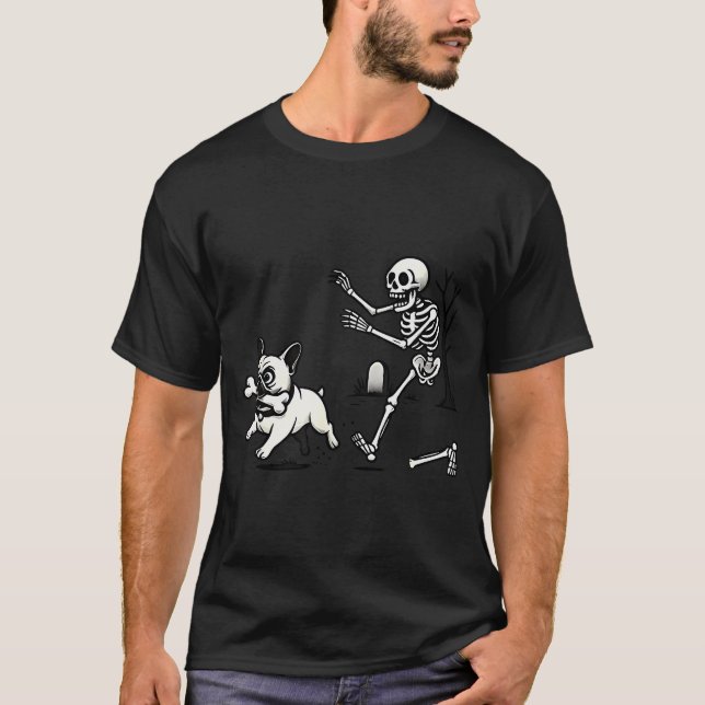 Skeleton Chasing French Bulldog Biting Leg Bone Ha T-Shirt (Front)