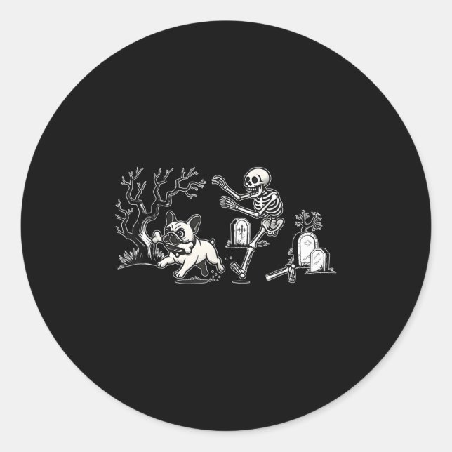 Skeleton Chasing French Bulldog Halloween Dog Mum  Classic Round Sticker (Front)