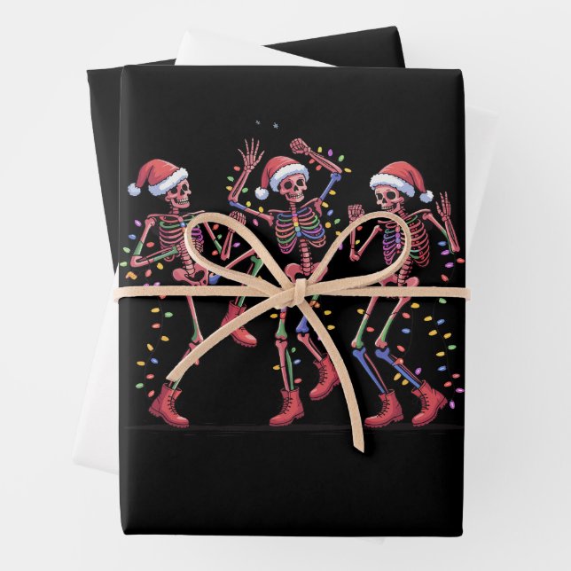 Skeleton Christmas Dancing Skeleton Lights Merry  Wrapping Paper Sheet (In situ)