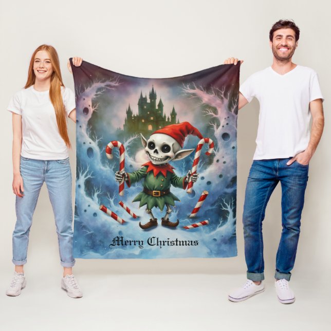 Skeleton Christmas Elf – Creepy Cute Dark Holiday  Fleece Blanket (In Situ)